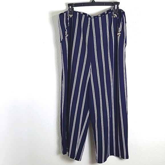 Derek🤍Heart Palazzo Blue & White Stripe Wide-leg Pants, Button Accents, Size 2X - Picture 1 of 8